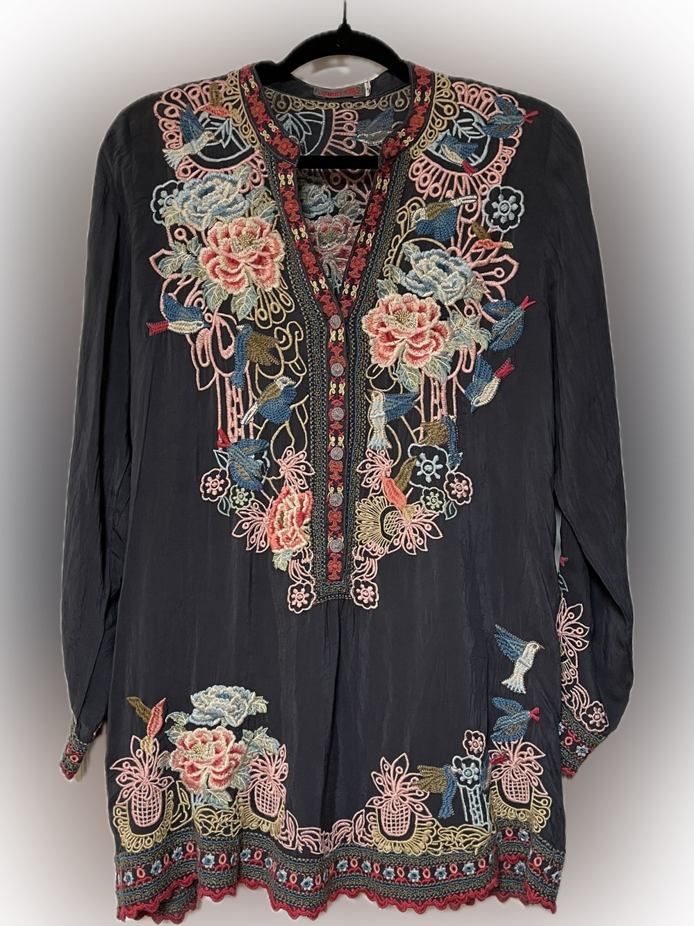 Johnny Was Gray Embroidered Floral & Bird Tunic
